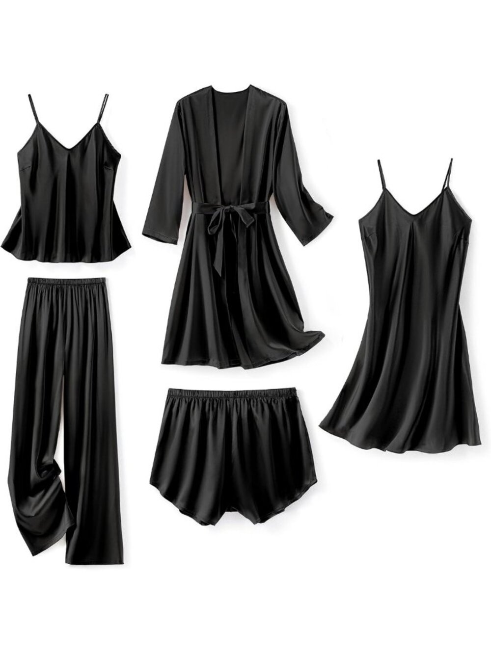 Silk Satin 5-Piece Women's Pajama Set - Robe, Nightgown & Cami PJs for Comfort